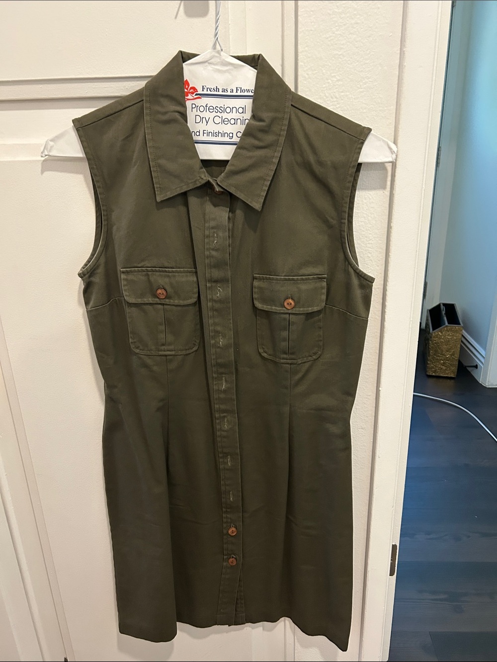 Sleeveless Button-Front Shirt Dress - Olive